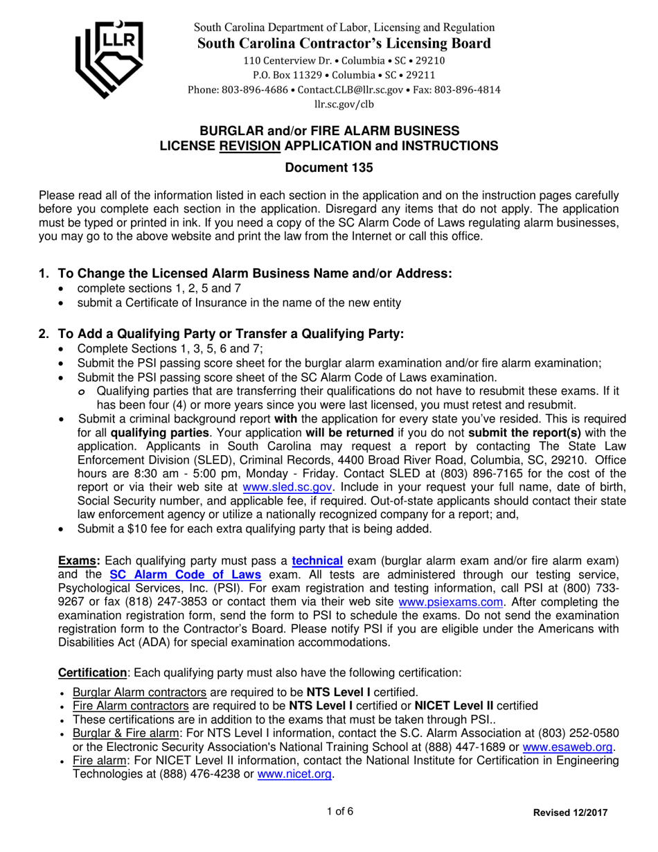 Form 135 Burglar and / or Fire Alarm Business License Revision Application - South Carolina, Page 1