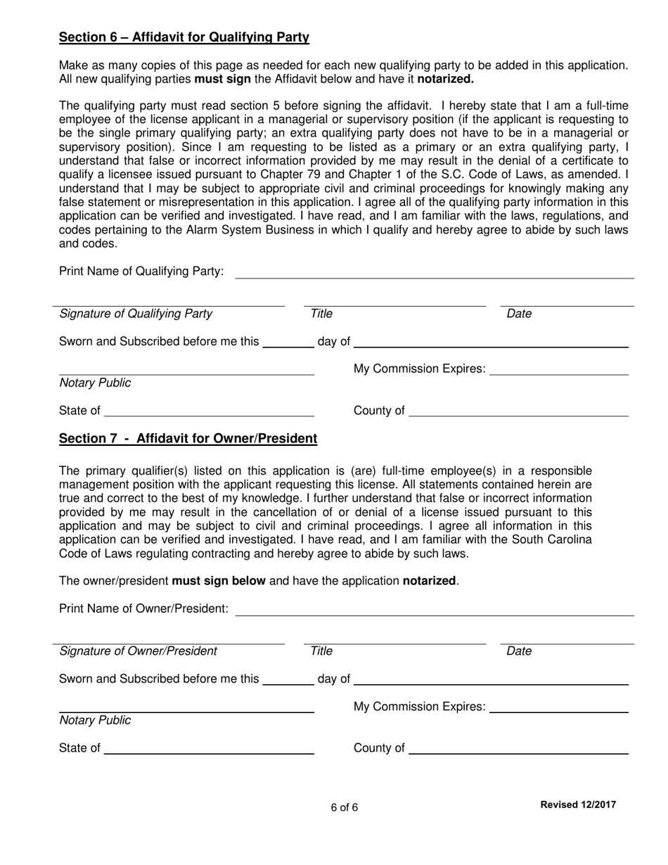 Form 135 Burglar and / or Fire Alarm Business License Revision Application - South Carolina, Page 6