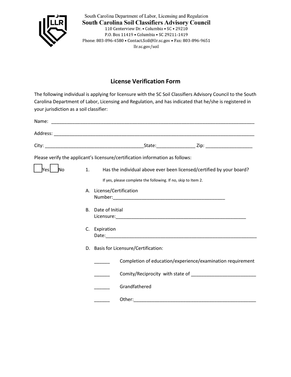 License Verification Form - South Carolina, Page 1