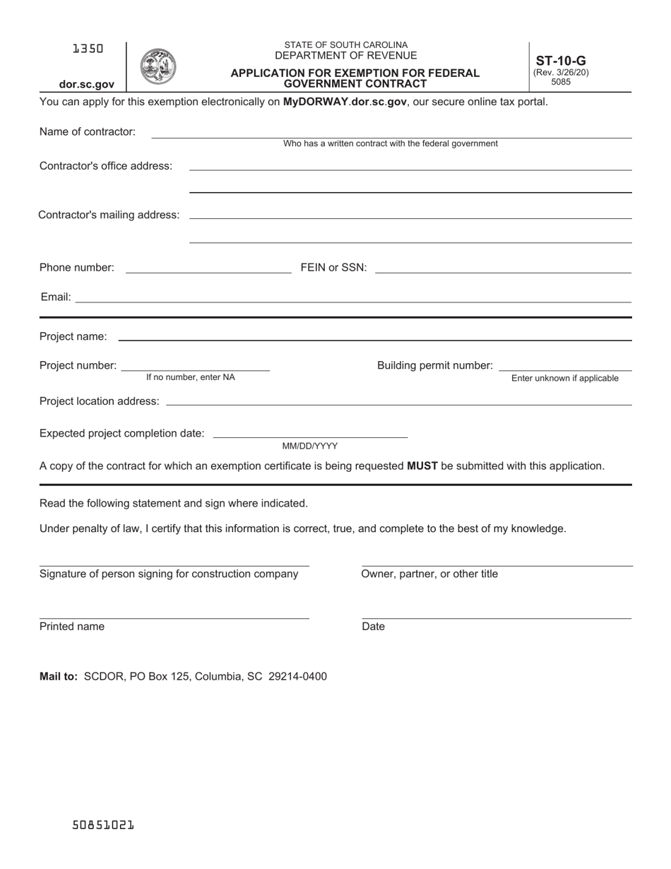 Form ST-10-G Application for Exemption for Federal Government Contract - South Carolina, Page 1