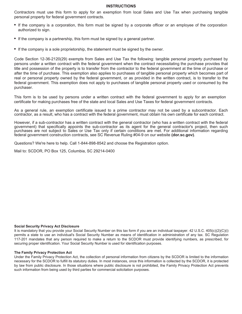 Form ST-10-G Application for Exemption for Federal Government Contract - South Carolina, Page 2