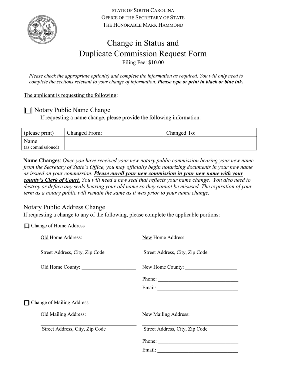 Change in Status and Duplicate Commission Request Form - South Carolina, Page 1