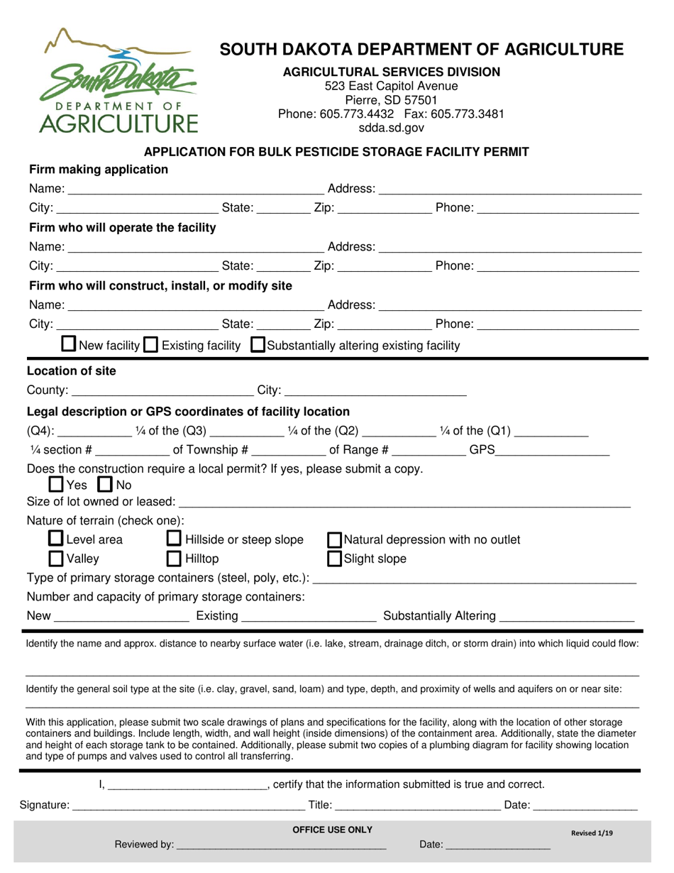 Application for Bulk Pesticide Storage Facility Permit - South Dakota, Page 1