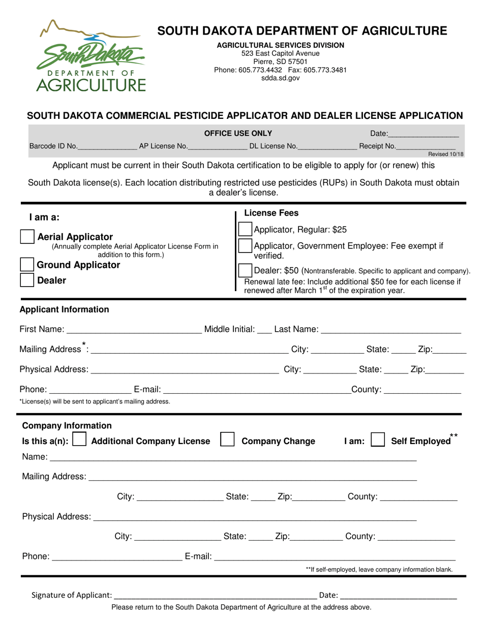 South Dakota Commercial Pesticide Applicator and Dealer License Application - South Dakota, Page 1