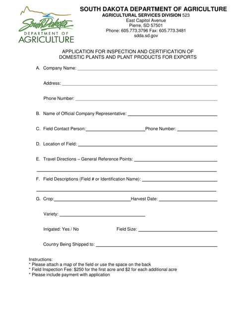Application for Inspection and Certification of Domestic Plants and Plant Products for Exports - South Dakota Download Pdf