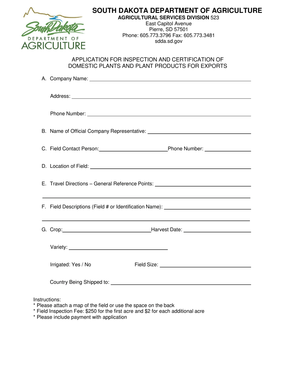 Application for Inspection and Certification of Domestic Plants and Plant Products for Exports - South Dakota, Page 1