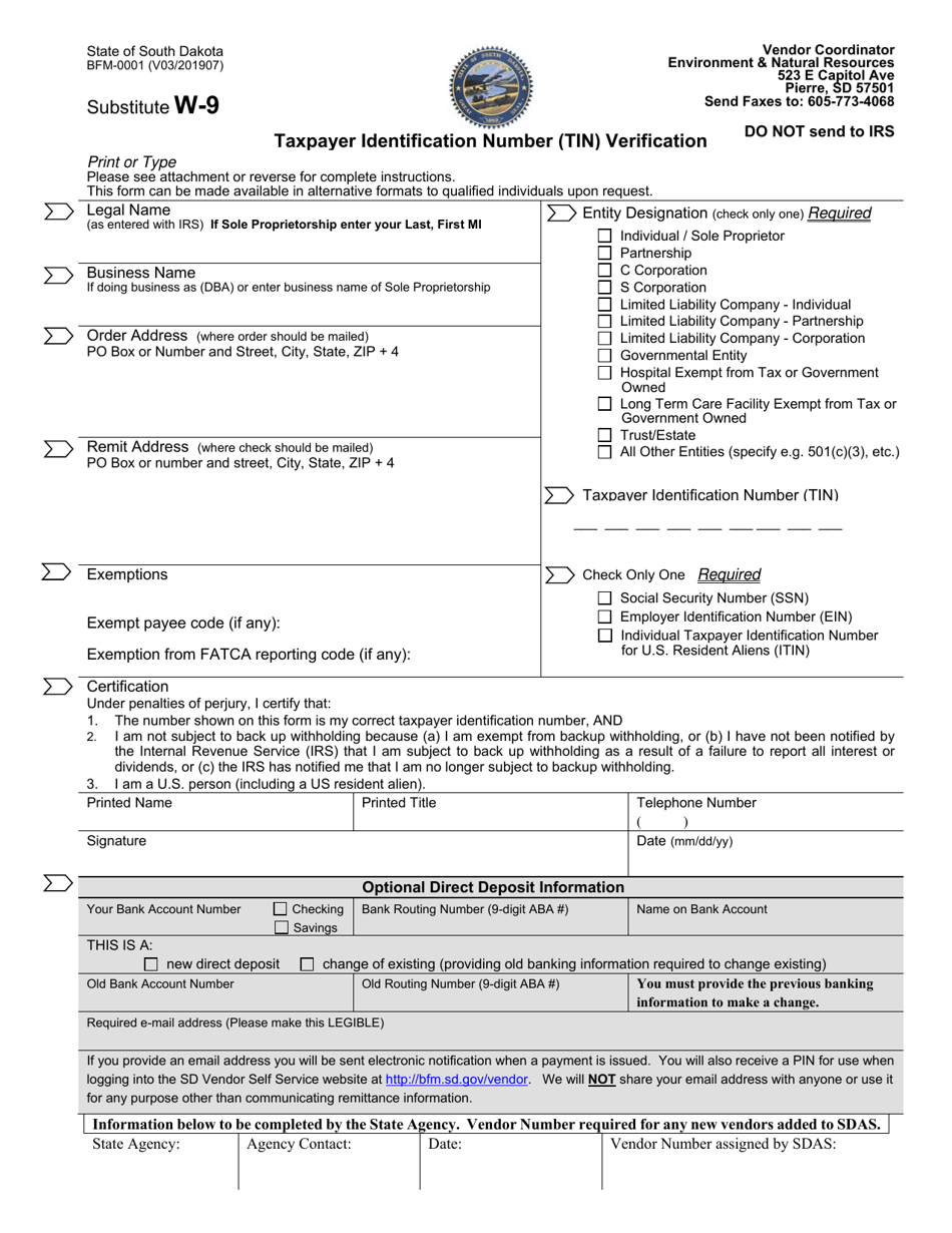 Form BFM-0001 Substitute W-9 Form - Taxpayer Identification Number (Tin) Verification - South Dakota, Page 1