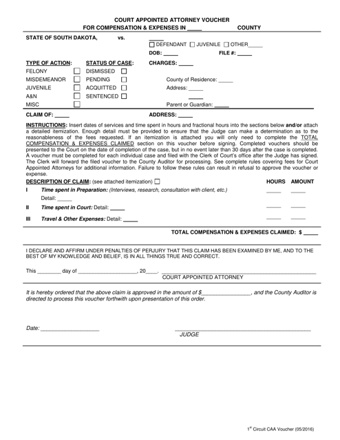 Court Appointed Attorney Vouches for Compensation & Expenses - South Dakota Download Pdf