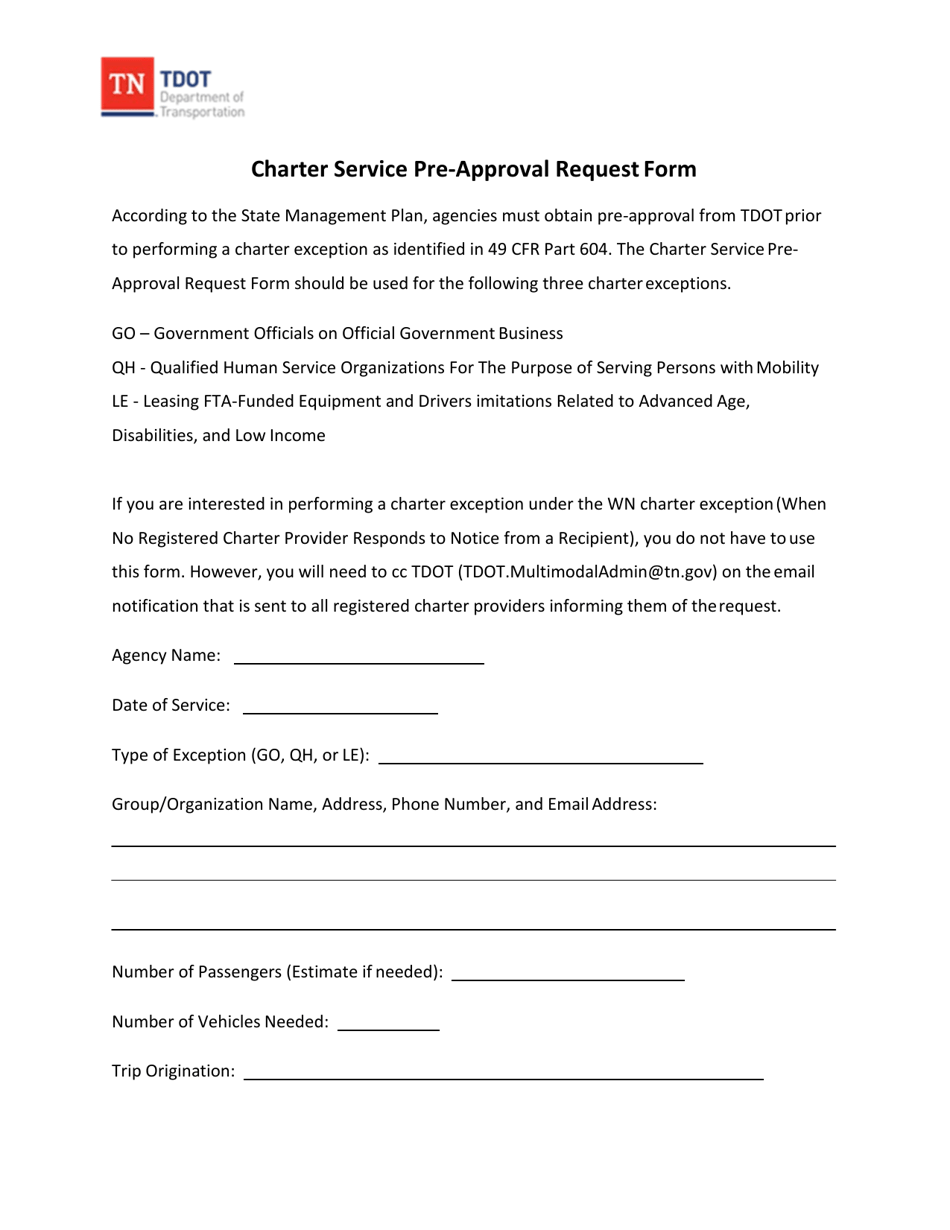 Charter Service Pre-approval Request Form - Tennessee, Page 1