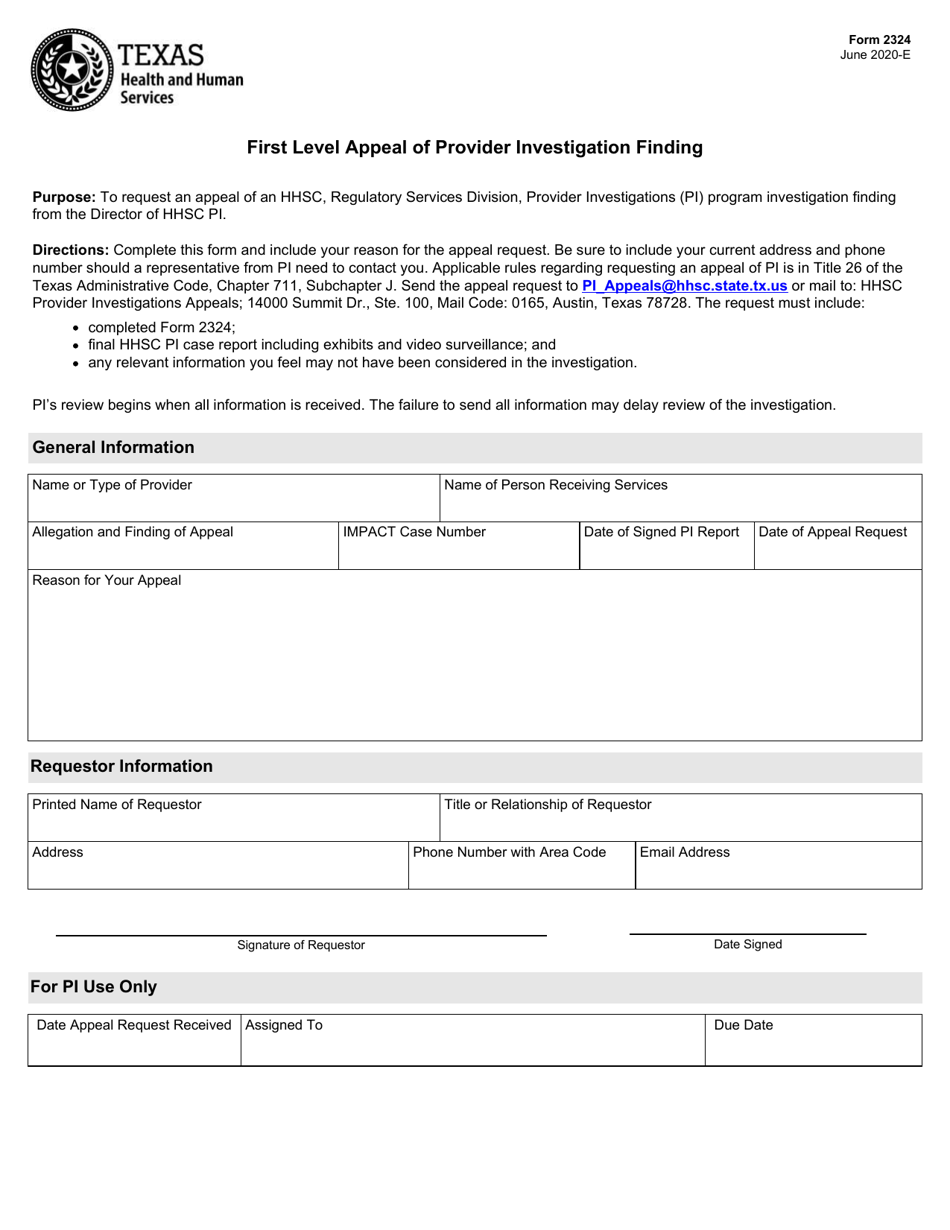 Form 2324 First Level Appeal of Provider Investigation Finding - Texas, Page 1