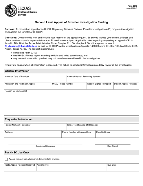 Form 2349 Second Level Appeal of Provider Investigation Finding - Texas