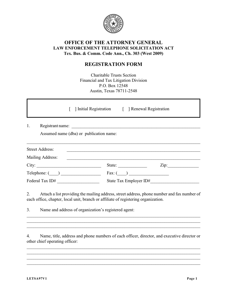 Form LETSA97 Letsa Registration Form - Texas, Page 1
