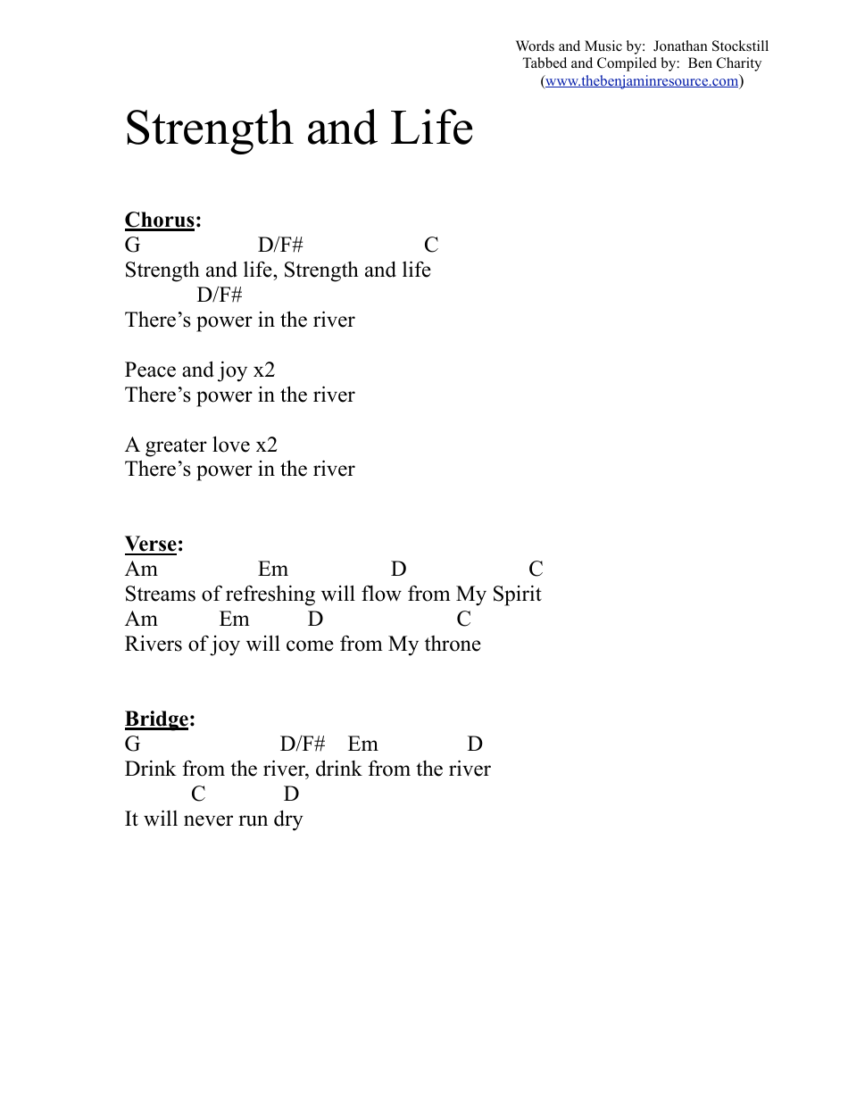 Jonathan Stockstill guitar chord chart rings beautifully with the message of strength and life
