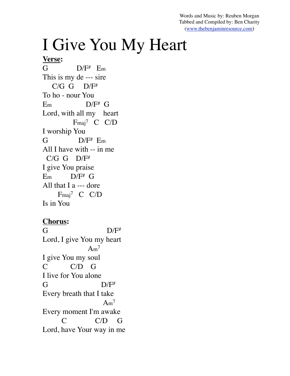 Reuben Morgan - I Give You My Heart (G) Chord Chart