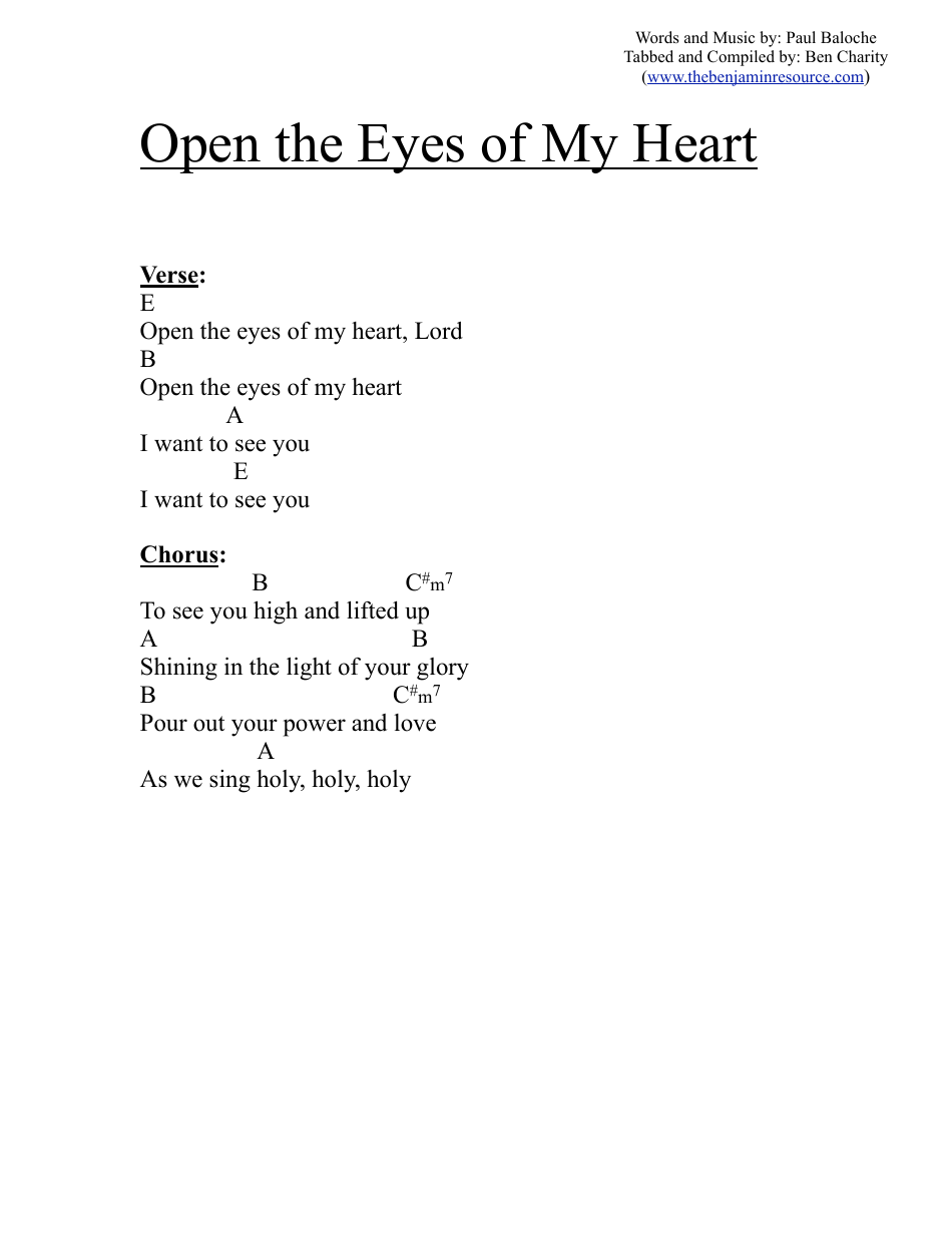Paul Baloche - Open the Eyes of My Heart (E) Chord Chart Image Preview