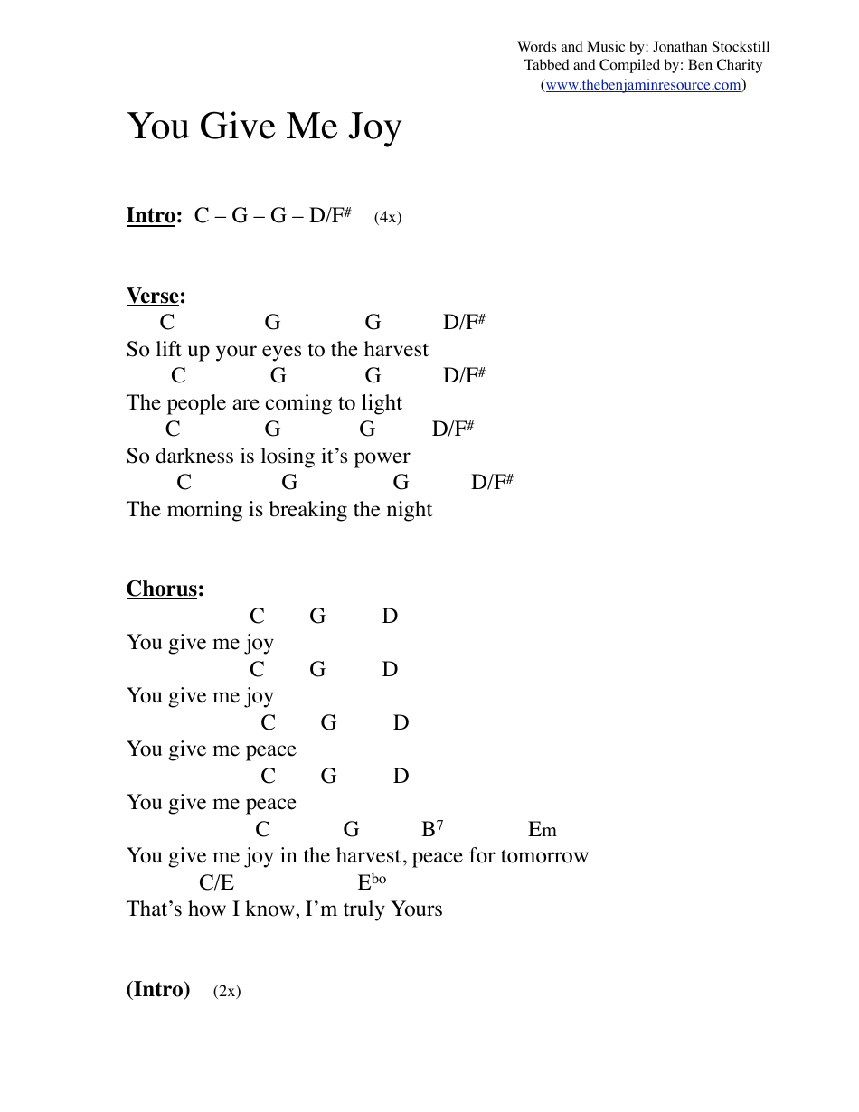 Jonathan Stockstill - You Give Me Joy Chord Chart