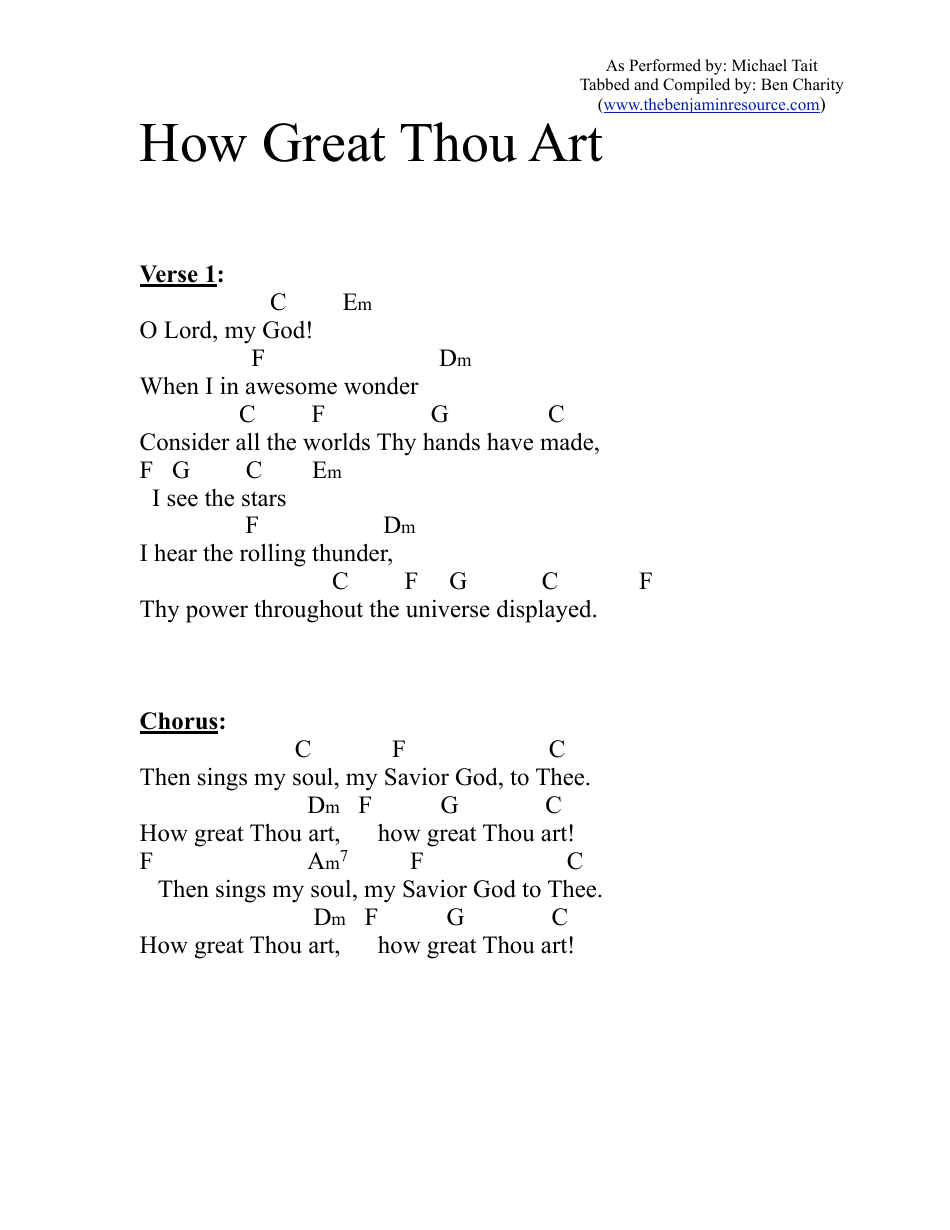 Michael Tait - How Great Thou Art (C) Chord Chart Thumbnail