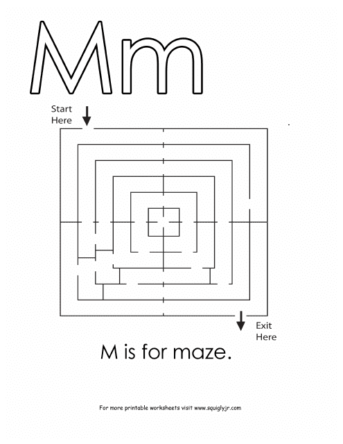 Letter M maze template with colorful design