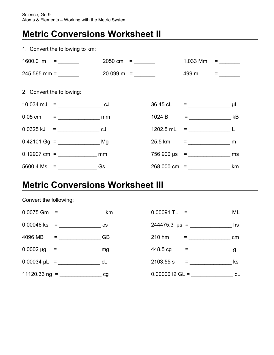 Metric Conversions Worksheets - 9th Grade, Deer Creek High School ...