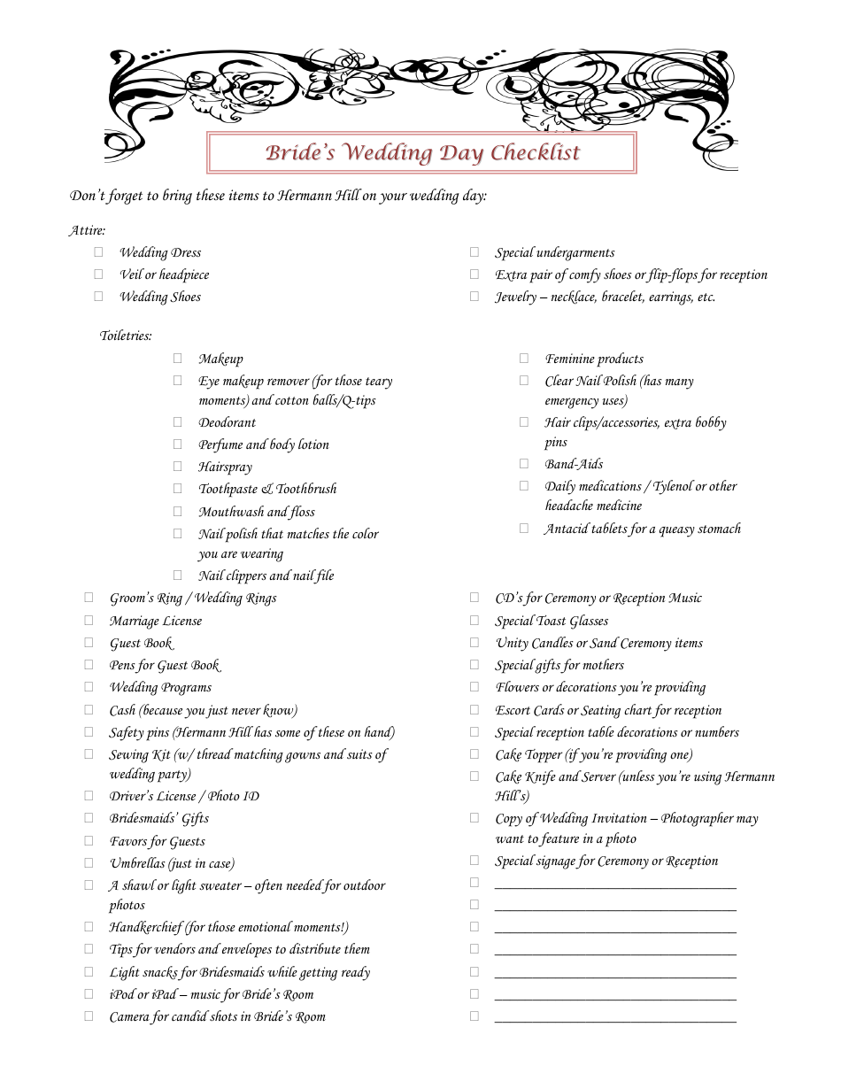 Day Of Wedding Checklist For Bridal Party Printable Pdf