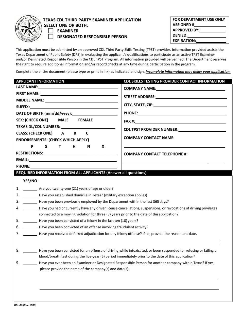 Form CDL-15 Texas Cdl Third Party Examiner Application - Texas, Page 1