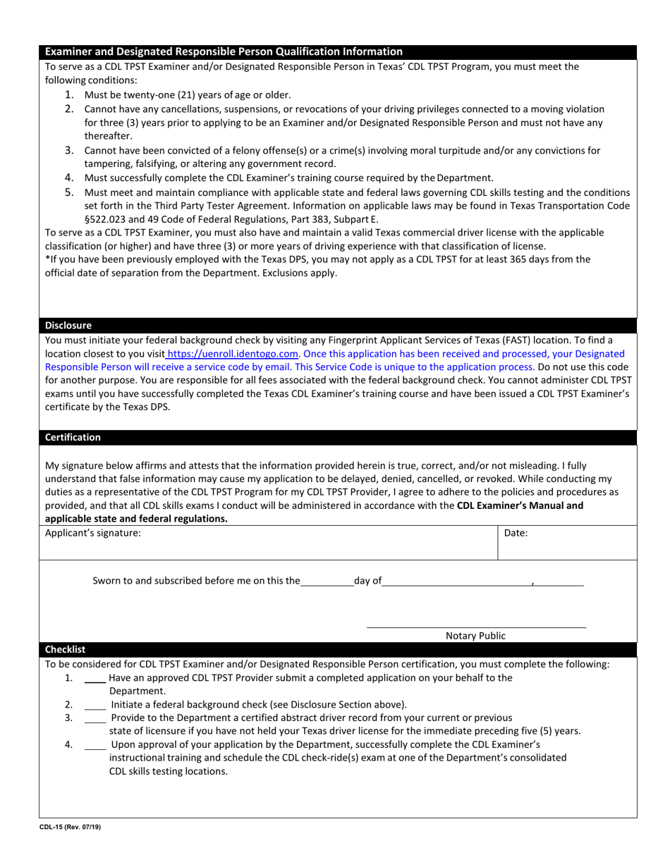 Form CDL-15 Texas Cdl Third Party Examiner Application - Texas, Page 2