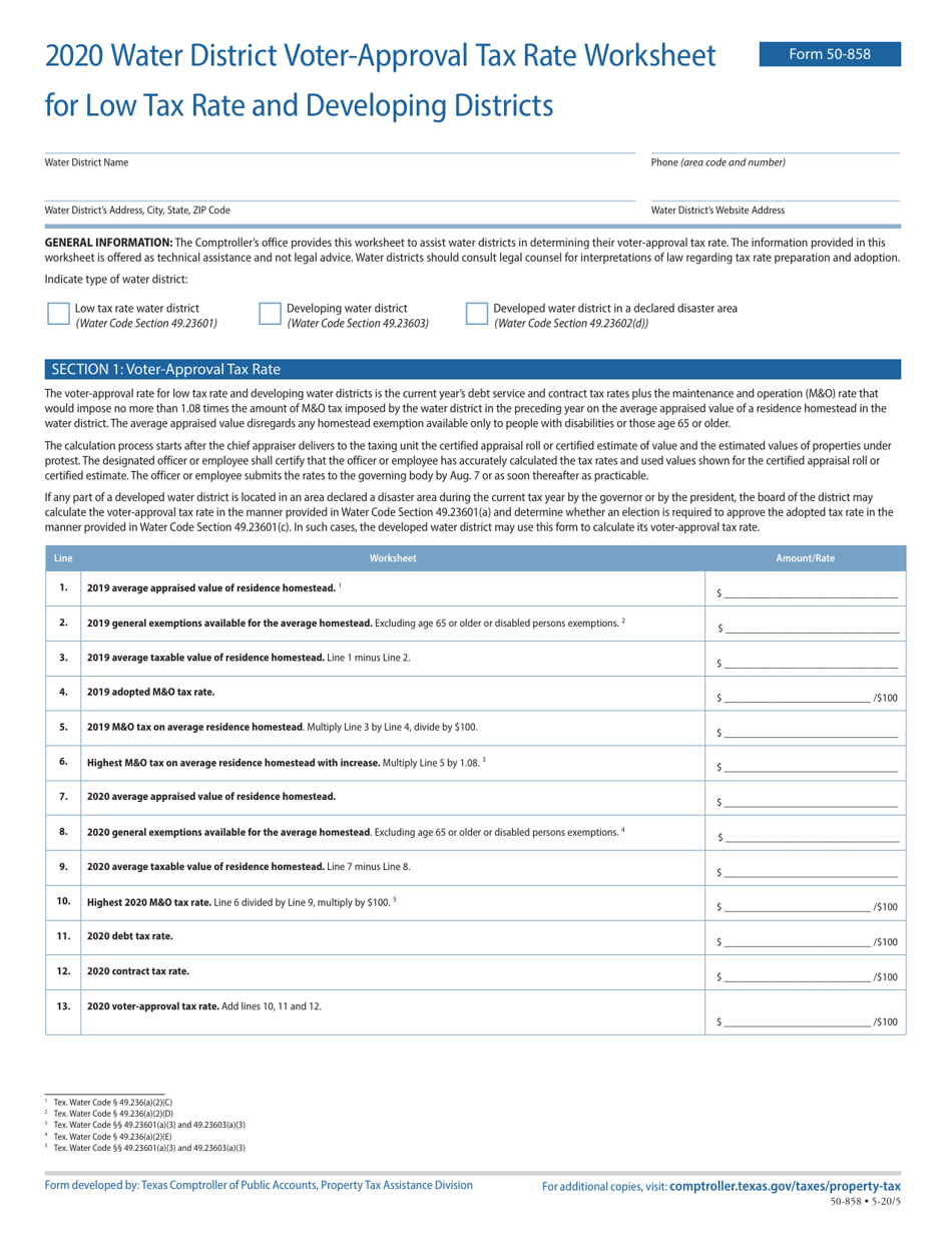 Form 50-858 Water District Voter-Approval Tax Rate Worksheet for Low Tax Rate and Devloping Districts - Texas, Page 1