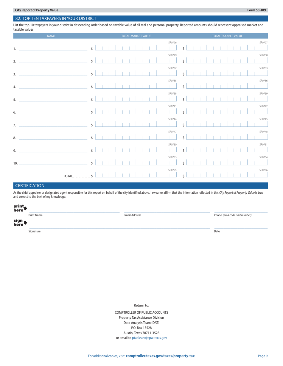Form 50-109 City Report of Property Value - Texas, Page 9