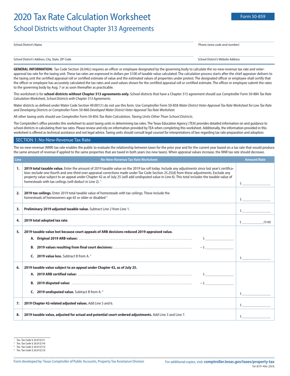 Form 50-859 Tax Rate Calculation Worksheet - School Districts Without Chapter 313 Agreements - Texas, Page 1