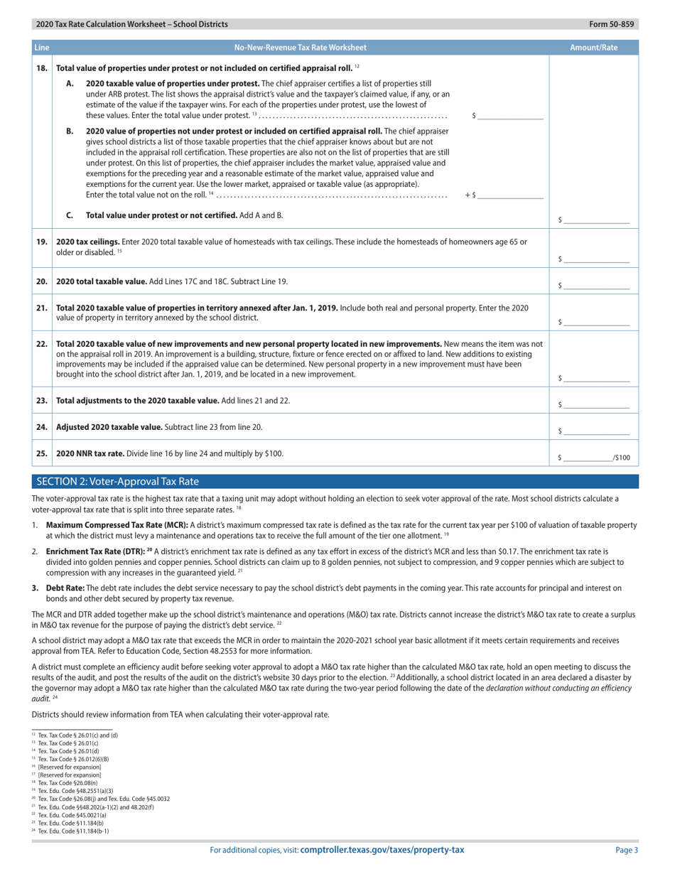 Form 50-859 Tax Rate Calculation Worksheet - School Districts Without Chapter 313 Agreements - Texas, Page 3