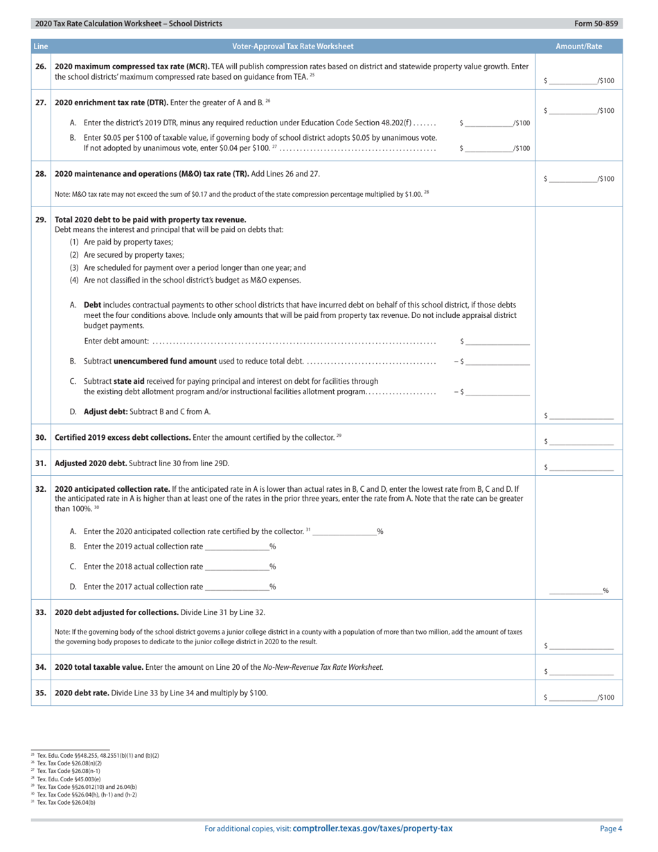 Form 50-859 Tax Rate Calculation Worksheet - School Districts Without Chapter 313 Agreements - Texas, Page 4