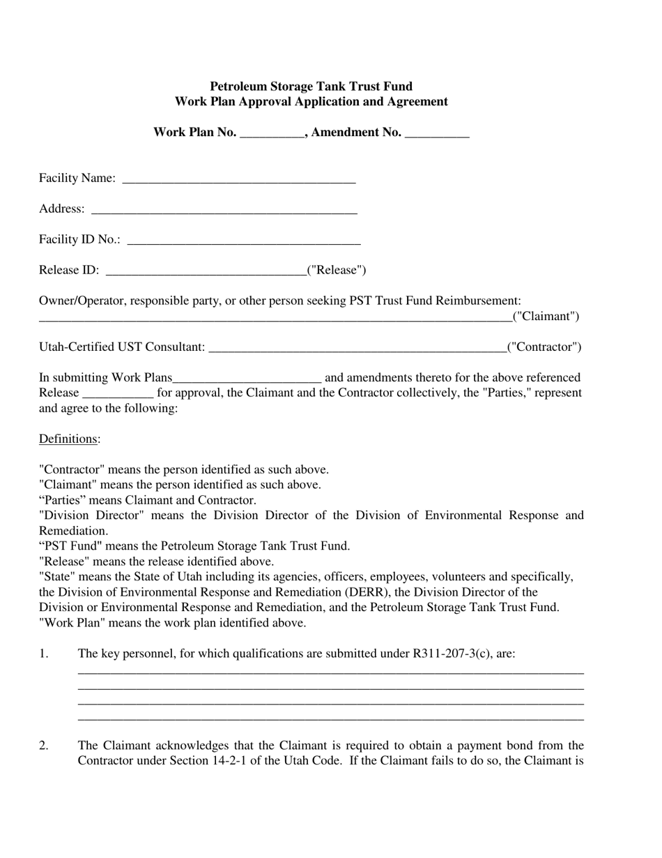 Petroleum Storage Tank Trust Fund Work Plan Approval Application and Agreement - Utah, Page 1