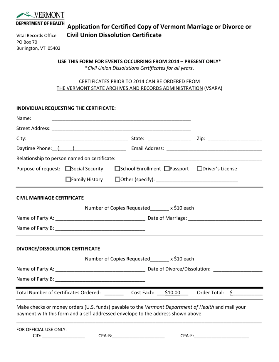 Application for Certified Copy of Vermont Marriage or Divorce or Civil Union Dissolution Certificate - Vermont, Page 1