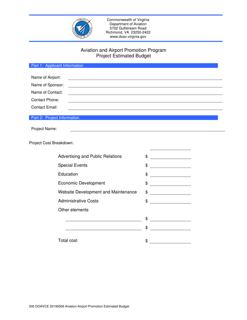 Aviation and Airport Promotion Program Estimated Budget - Virginia Download Pdf