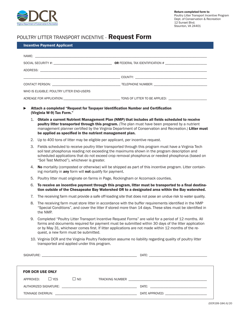 Form DCR199-184 Poultry Litter Transport Incentive Request Form - Virginia, Page 1