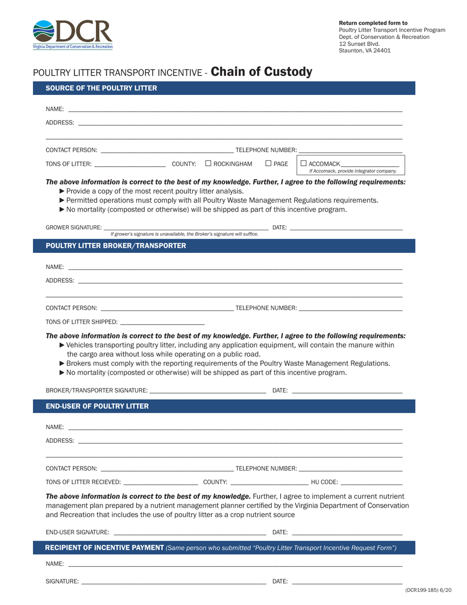 Form DCR199-185 Poultry Litter Transport Incentive Chain of Custody - Virginia, Page 1