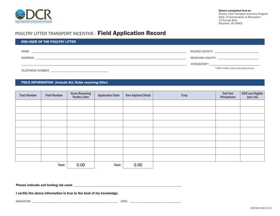Form DCR199-186 Poultry Litter Transport Incentive Field Application Record - Virginia, Page 1