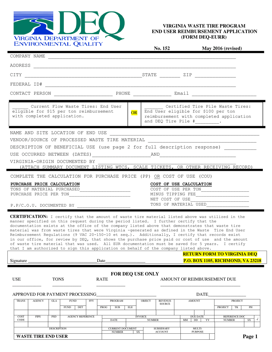 Form DEQEURR Fill Out, Sign Online and Download Printable PDF