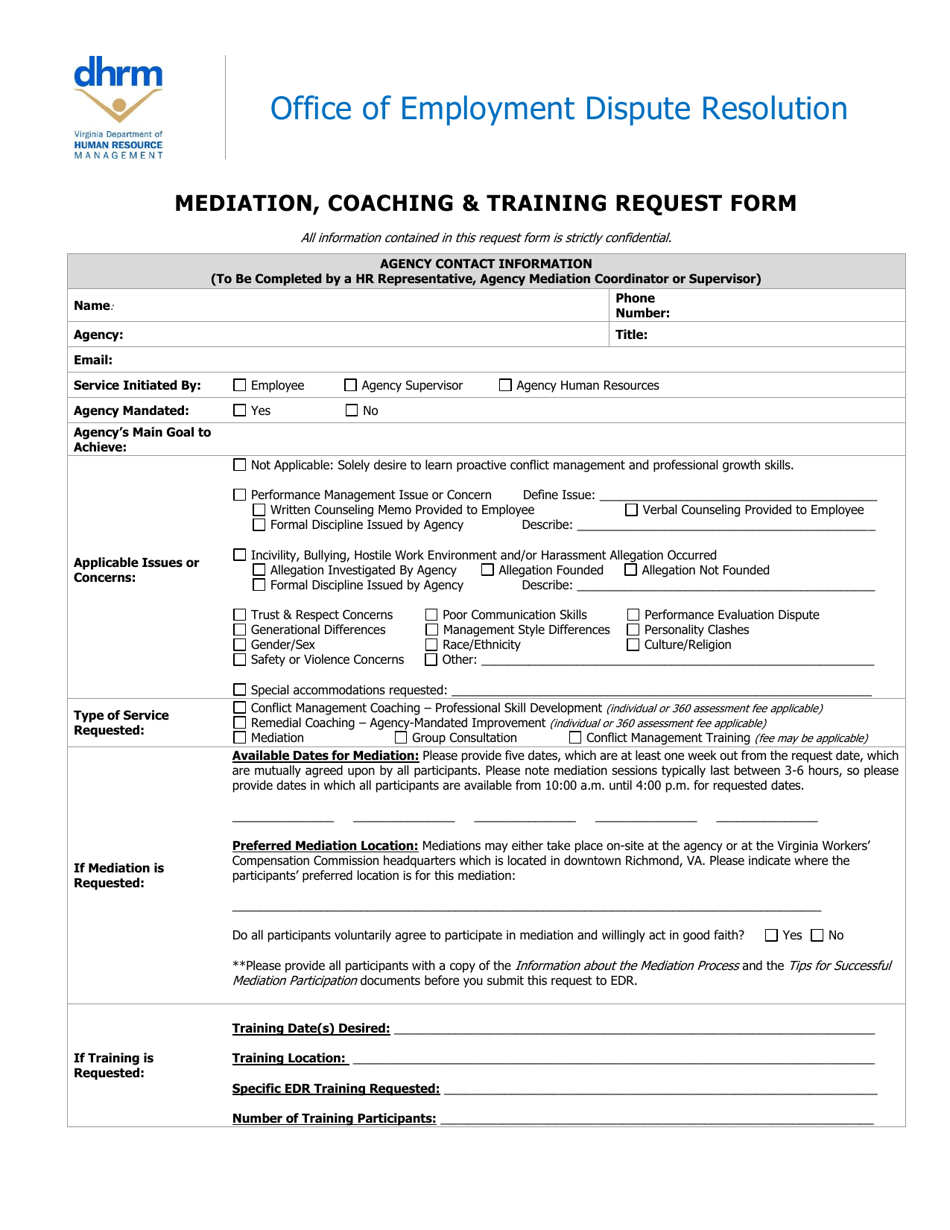 Virginia Mediation, Coaching & Training Request Form Fill Out, Sign