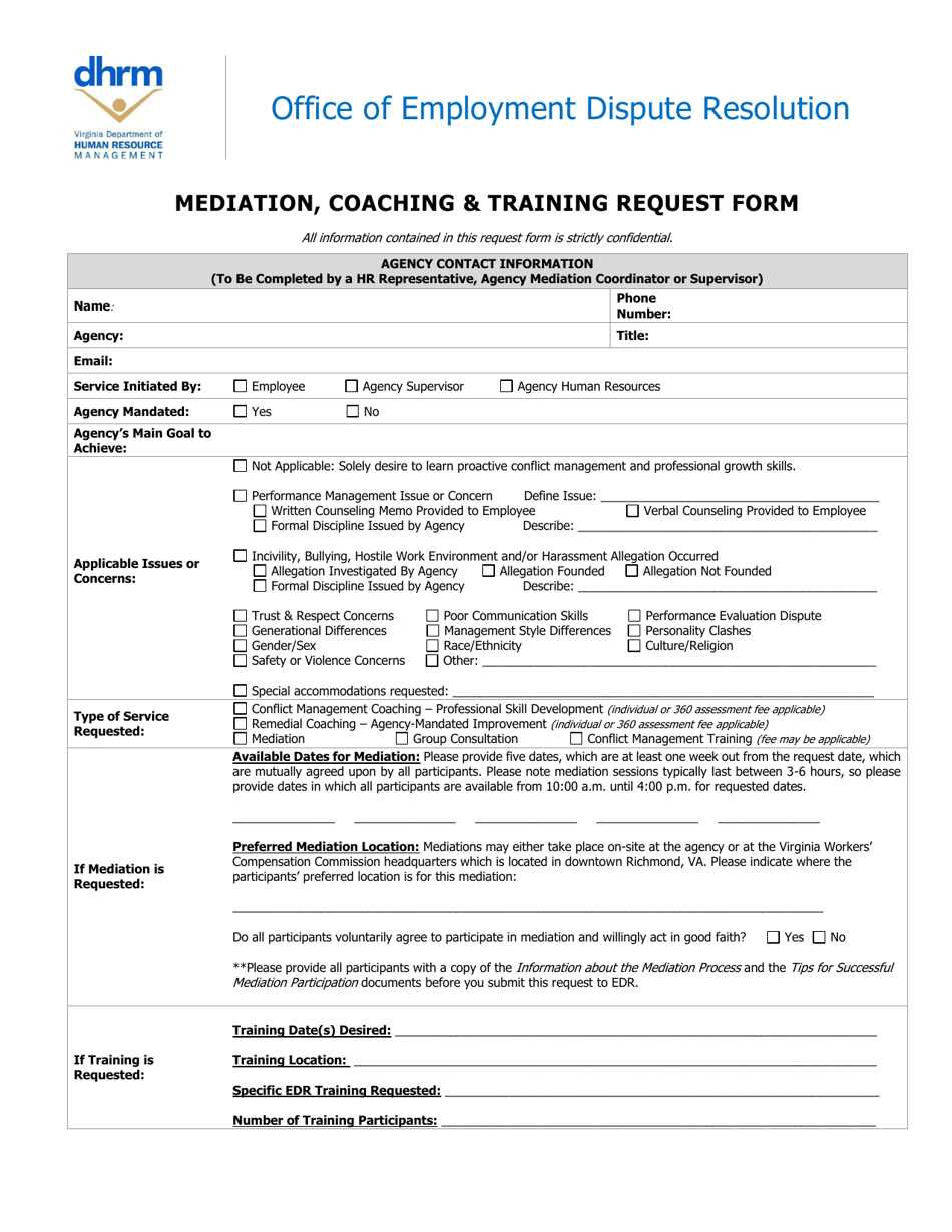 Mediation, Coaching  Training Request Form - Virginia, Page 1