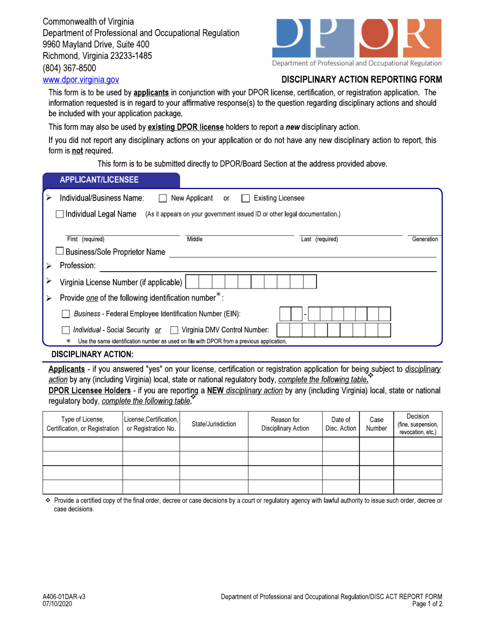 Form A40601DAR Download Fillable PDF or Fill Online Disciplinary