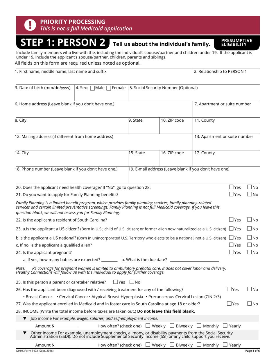 DHHS Form 3402 Presumptive Eligibility Application - South Carolina, Page 4