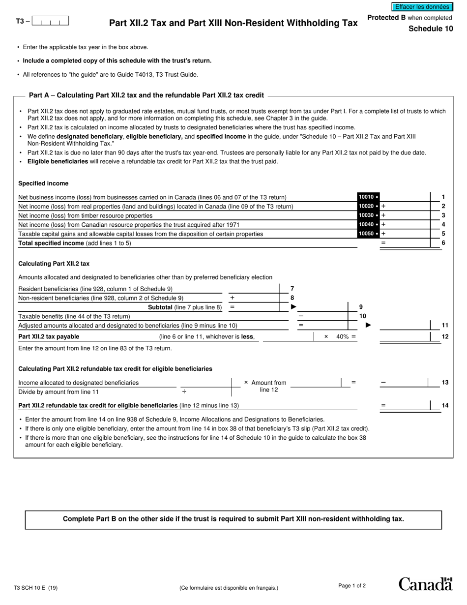 Form T3 Schedule 10 Part XII.2 Tax and Part Xiii Non-resident Withholding Tax - Canada, Page 1