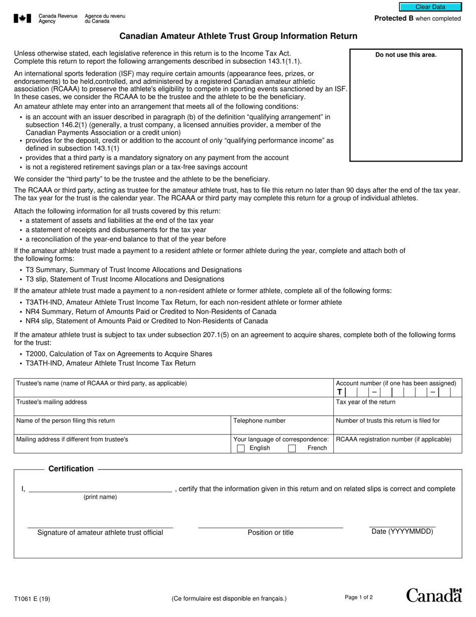 Form T1061 Canadian Amateur Athletic Trust Group Information Return - Canada, Page 1