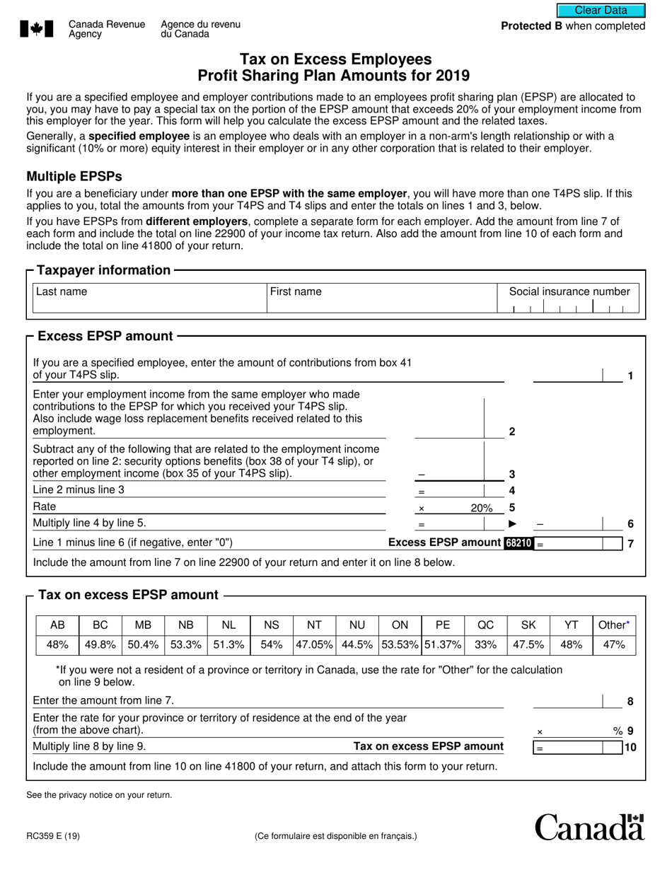 Form Rc359 Download Fillable Pdf Or Fill Online Tax On Excess Employees Profit Sharing Plan Amounts 19 Canada Templateroller