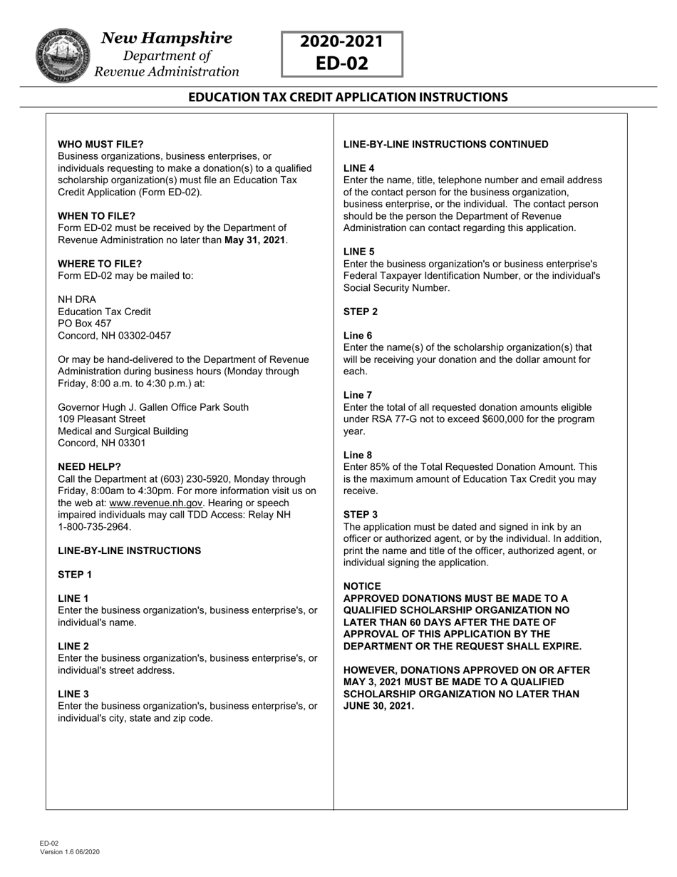Form ED-02 Education Tax Credit Application - New Hampshire, Page 2