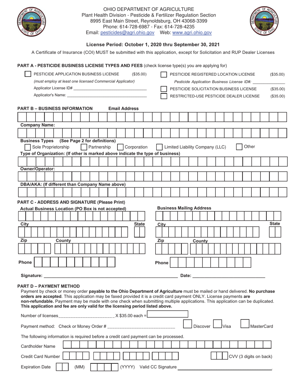 2021 Ohio New Pesticide Business License Application Fill Out, Sign