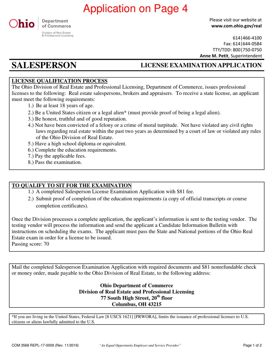Form COM3568 (REPL-17-0009) License Examination Application - Salesperson - Ohio, Page 3