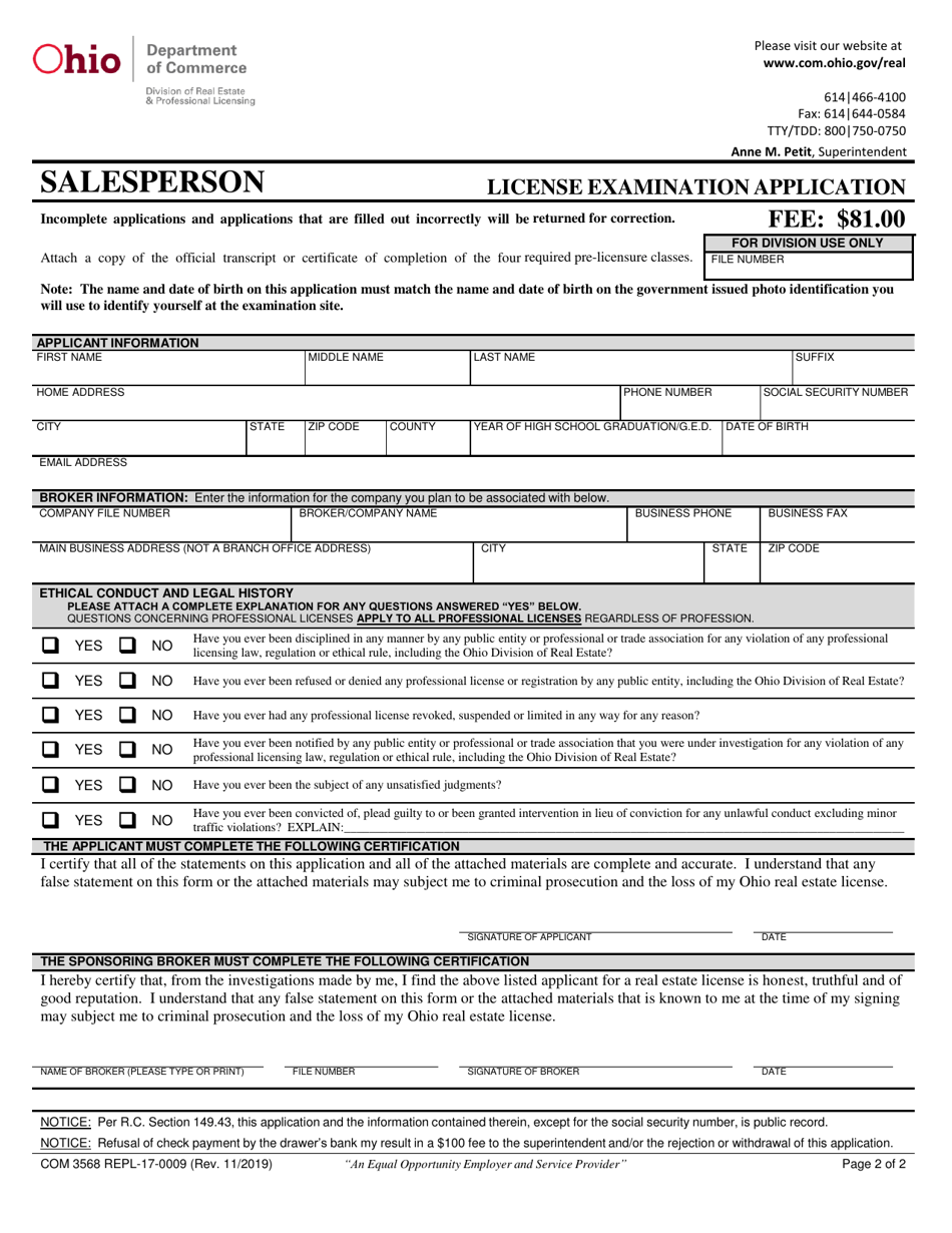 Form COM3568 (REPL-17-0009) License Examination Application - Salesperson - Ohio, Page 4