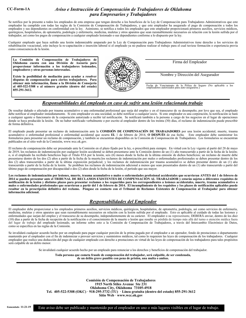 CC- Formulario 1-A Aviso E Instruccion De Compensacion De Trabajadores De Oklahoma Para Empresarios Y Trabajadores - Oklahoma (Spanish), Page 1
